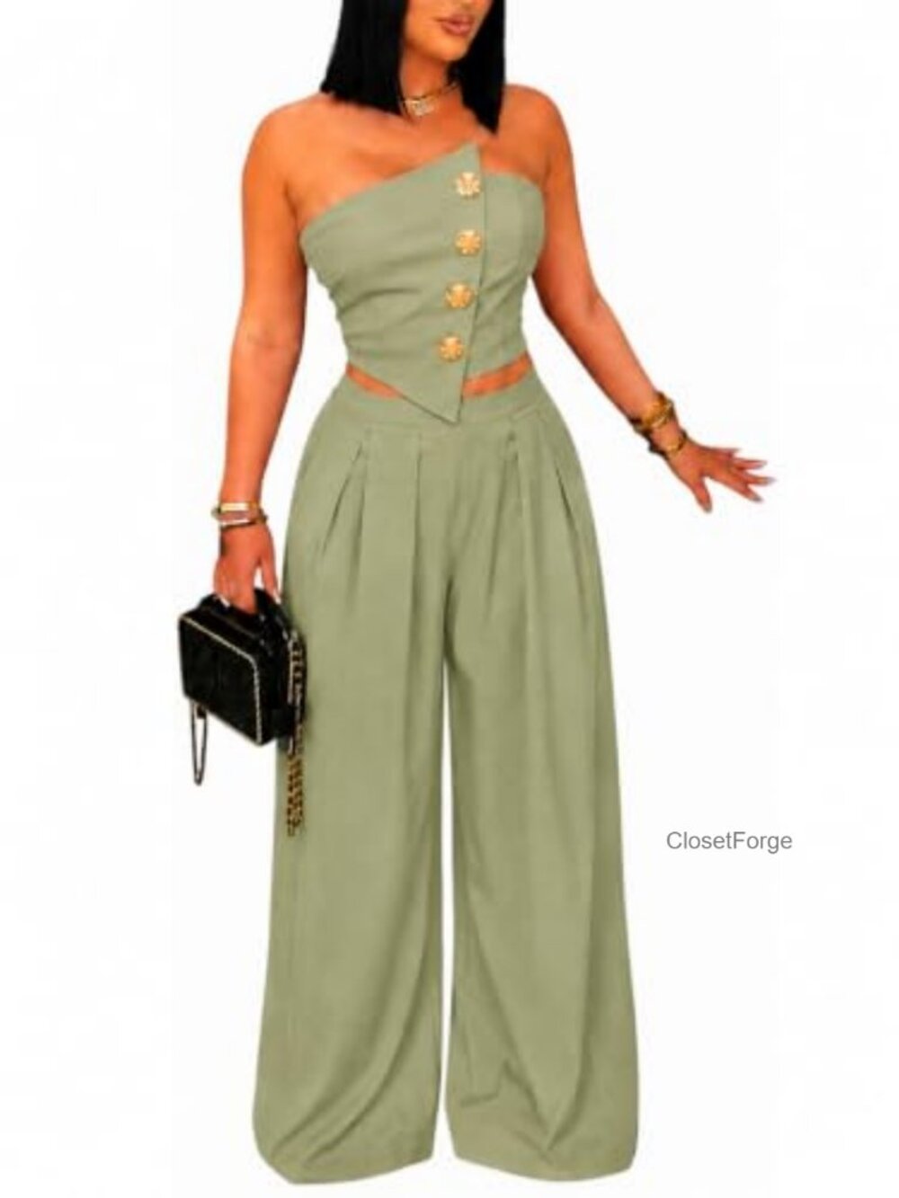 Women 2 Piece Pant Set Strapless Asymmetrical Crop Top Wide Leg High Waist